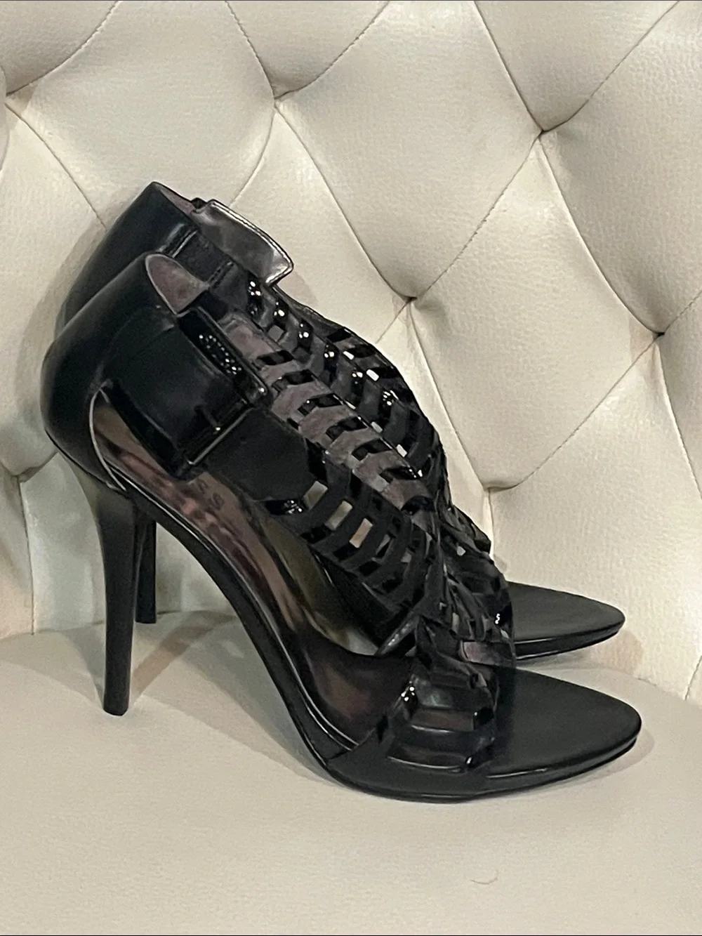 Guess by Marciano Glossy Black Leather Strappy Stiletto Sandals 8.5